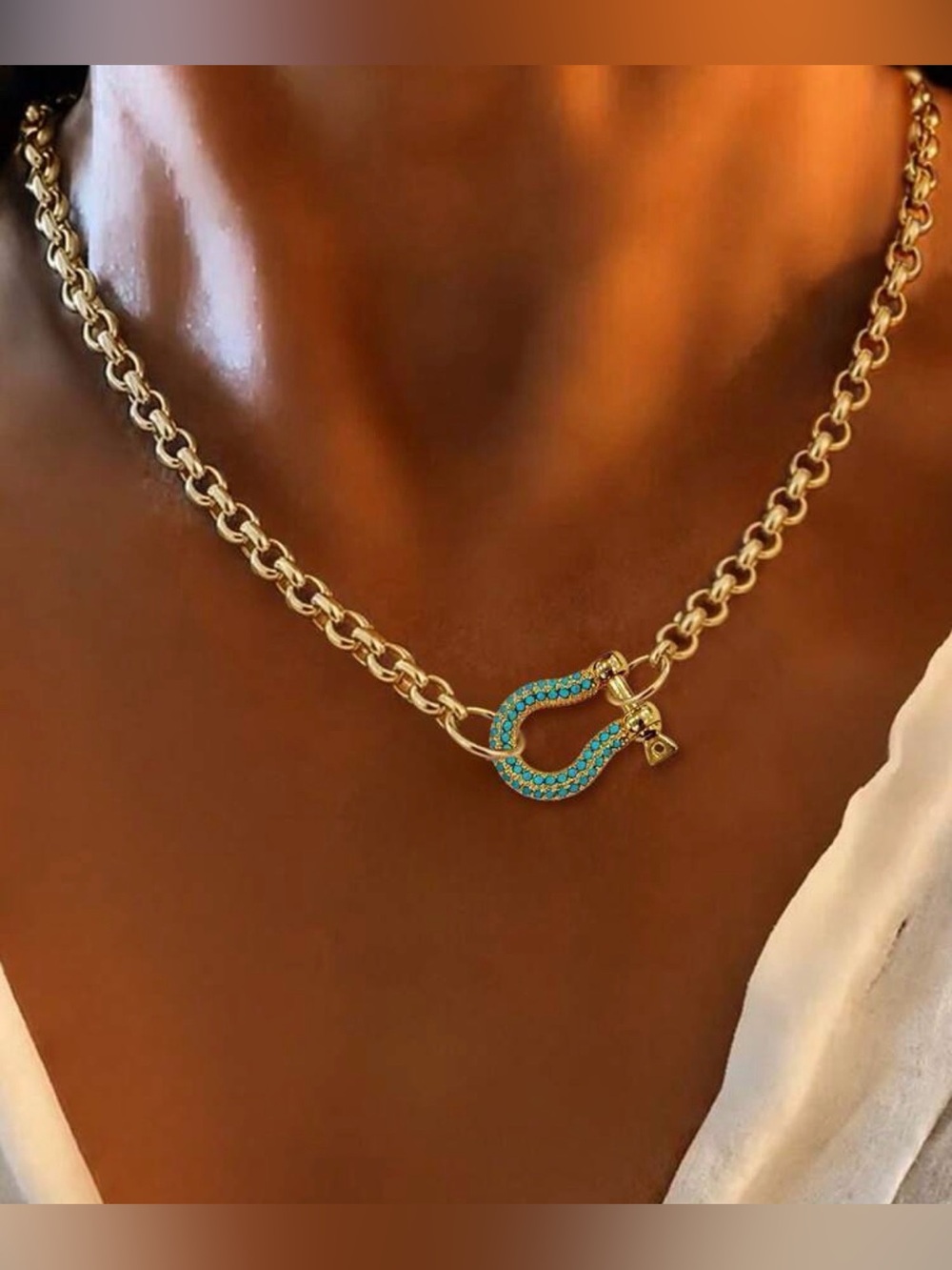 Western Gold Chain Necklace with Turquoise Pave Horseshoe lPendant